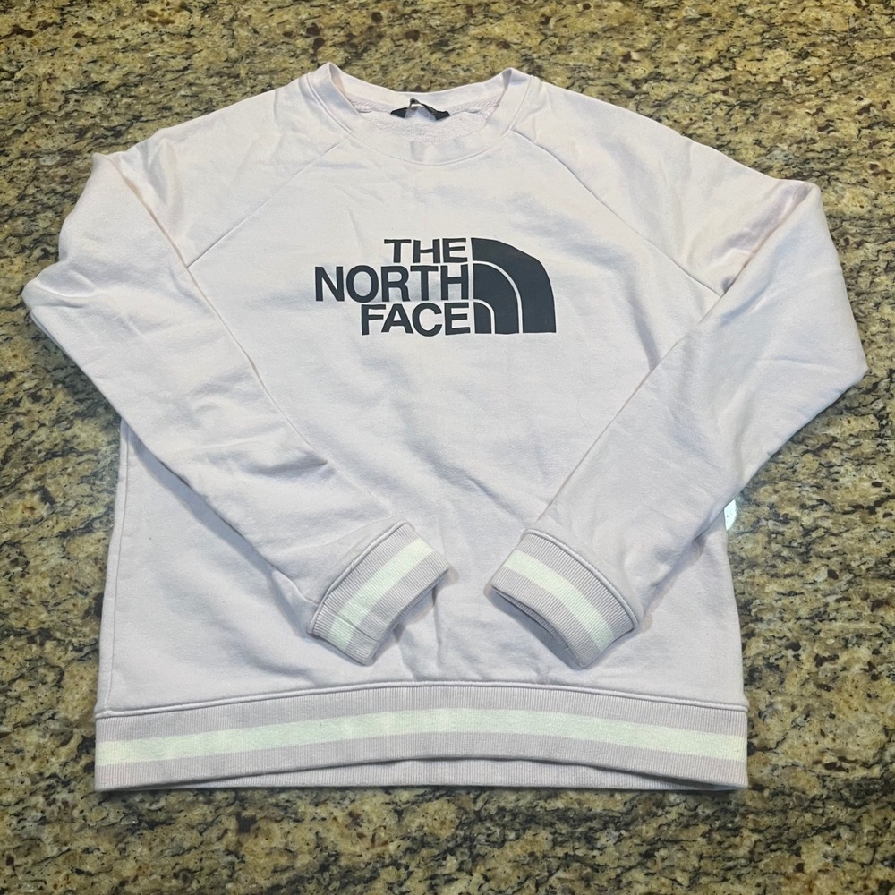 The North Face Womens Pink Crewneck Sweatshirt Logo Pullover Striped Trim Medium